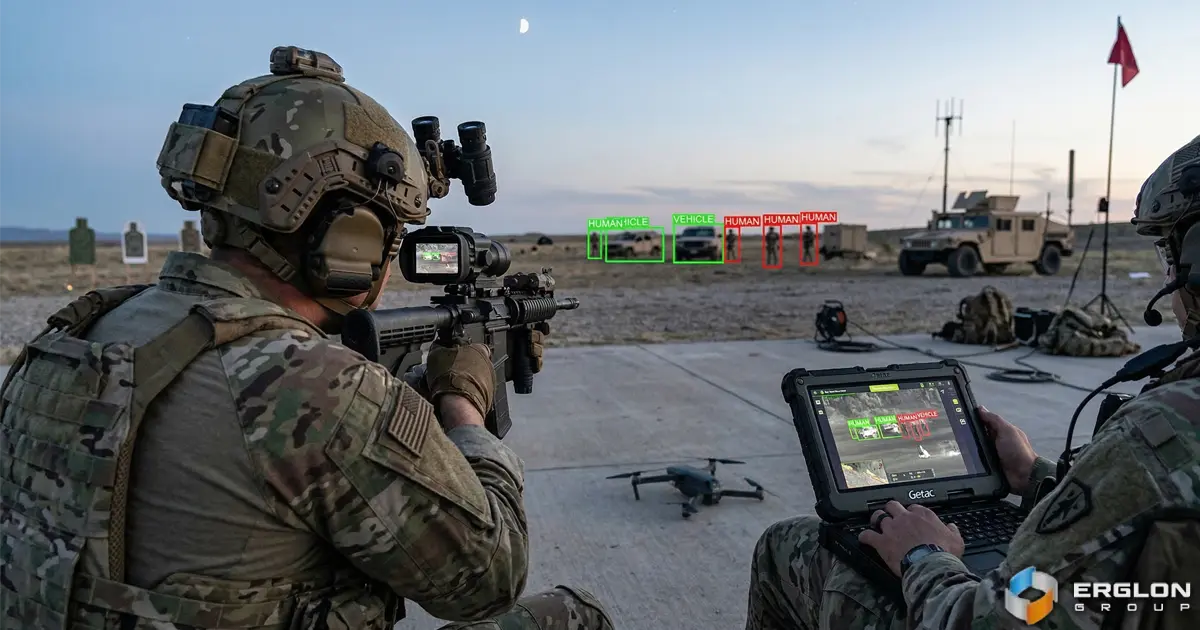 A soldier and a UAV pilot using different devices that display identical AI-enhanced thermal imagery processed at the edge. A soldier and a UAV pilot using different devices that display identical AI-enhanced thermal imagery processed at the edge.