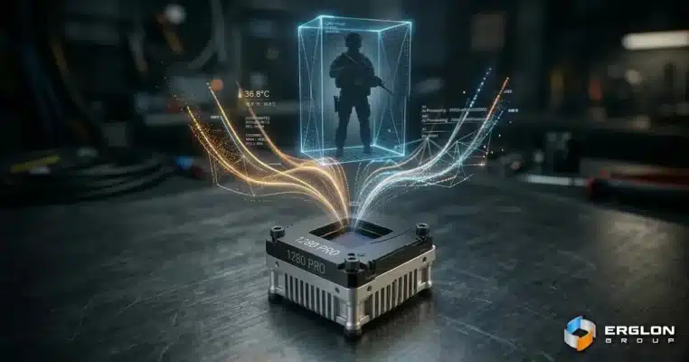 A compact 1280 PRO thermal core unit projecting holographic data representing AI target classification.