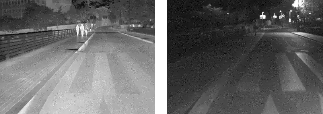 Eliminating Hesitation: Advanced Thermal Detection vs. Legacy Vision Side-by-side comparison of a night-time street scene; the right image shows obscured pedestrians, while the left image (processed by an AI-enhanced thermal core) clearly highlights the targets for immediate response.